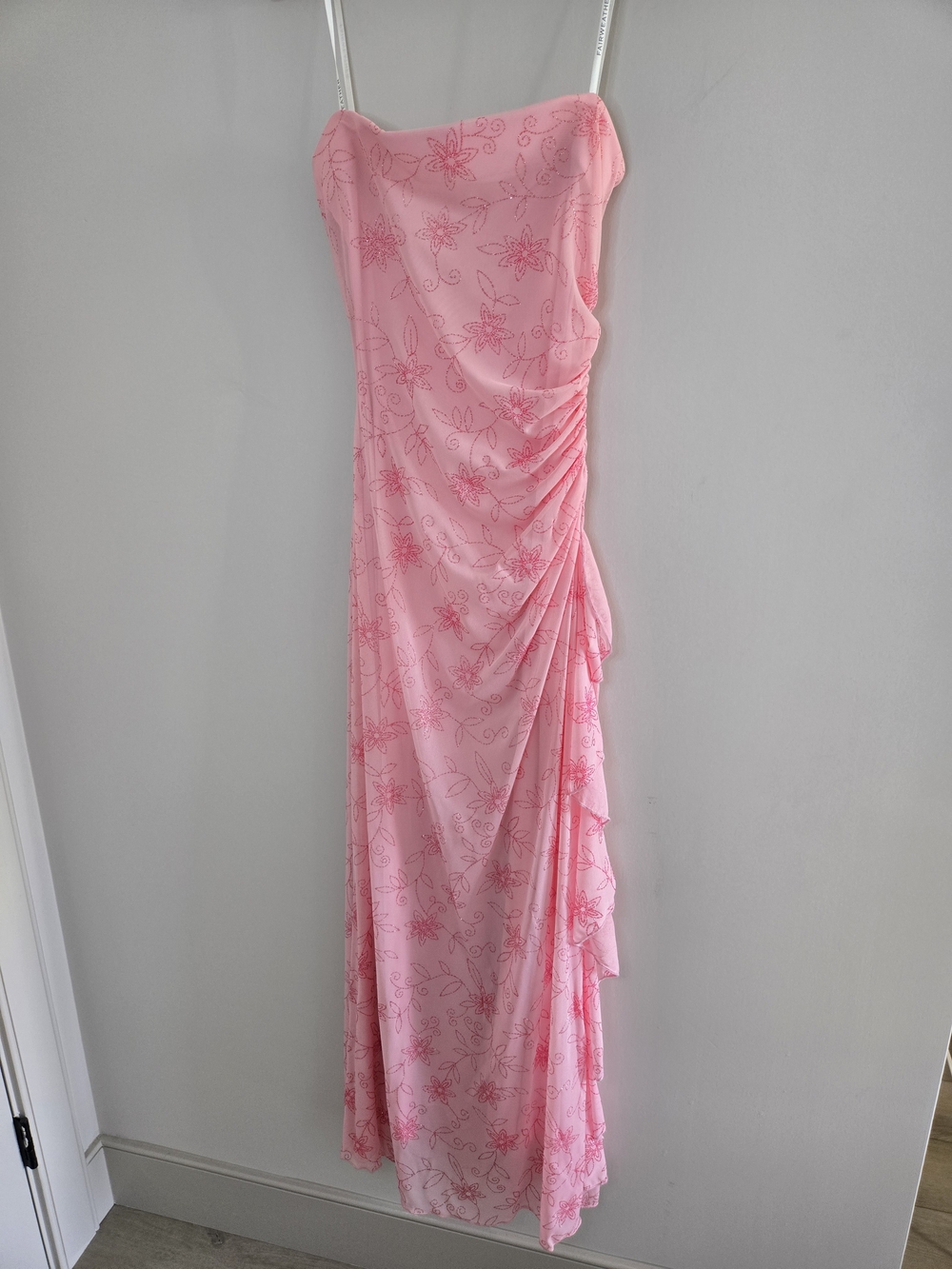 Fairweather strapless pink floral evening gown, formal dress prom + bridesmaids
